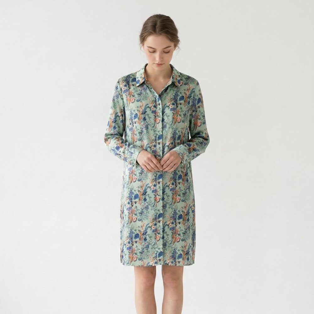 Ophelia Roe Shirt Dress Floral Green Blue Shift Boho Satin XL